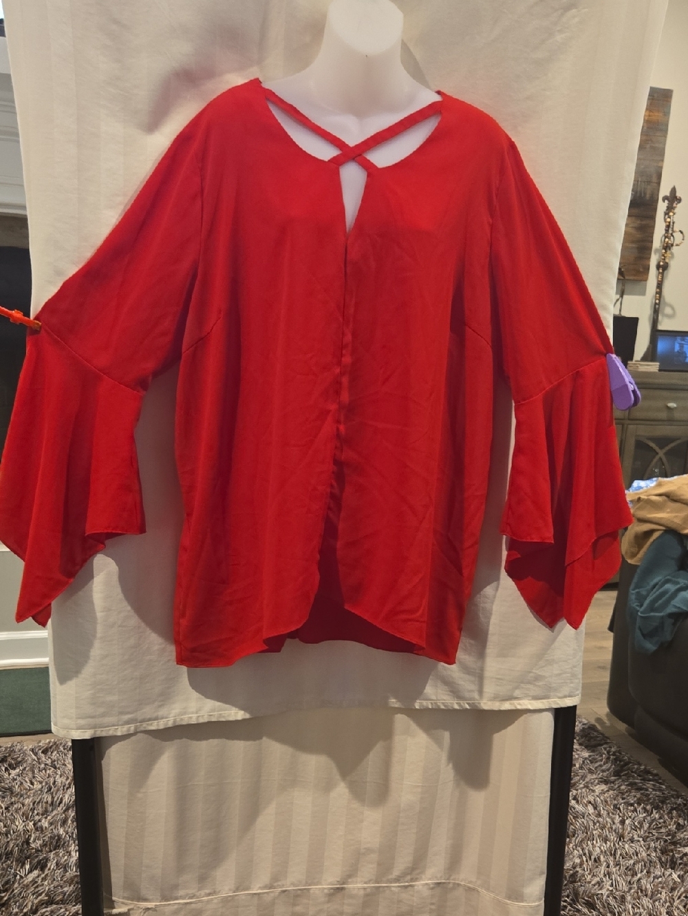 Gibson Latimer Red Crisscross Neck Bell Sleeve Blouse